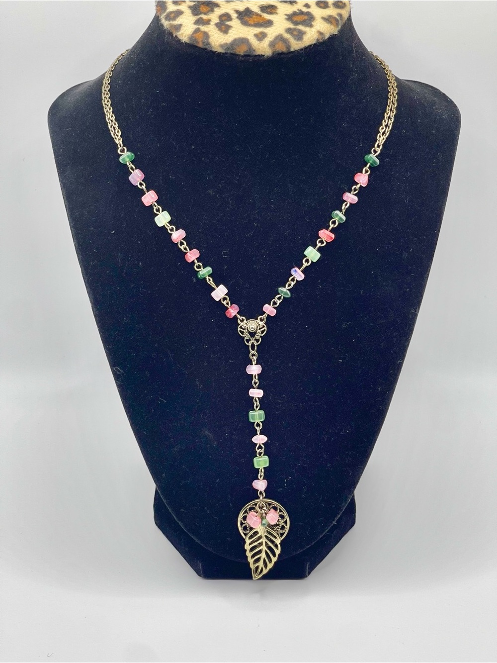 Vintage 1928 Gold Leaf Pendant Necklace with Pink and Green Beads Boho